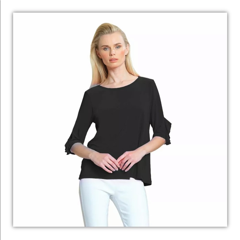Clara Sun Woo Solid Ruffle Sleeve Top Black T213